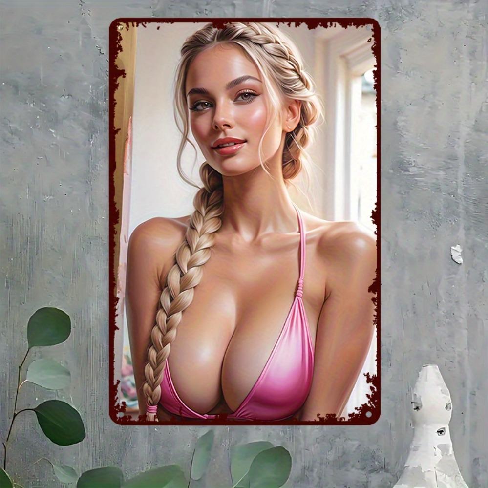 Vintage Metalowy Szyld Blaszany Ilustracja Kobiety w Bikini Sztuka 8x12 Cal Pre-Dziurkowany Łatwe Zawieszanie Dekoracja do Kuchni Baru Pokoju na Zewnątrz Co