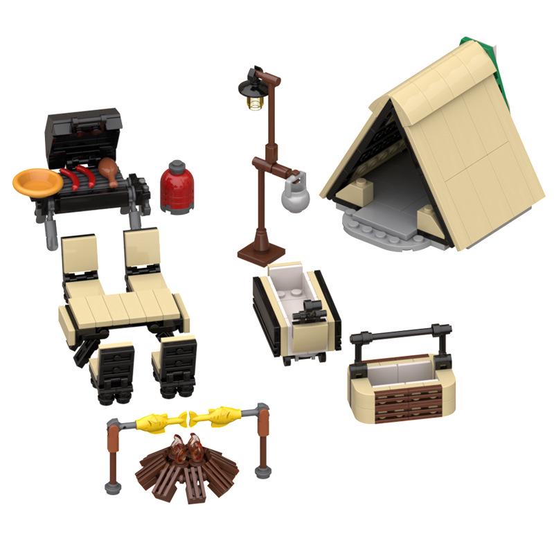 Tidal Camping Picnic Theme Building Blocks: Campsite Tent, Campfire, Table - Lego Compatible.