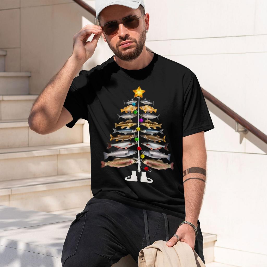 2026 New Model Merry Fishunisex Christmas Tree Tshirt Funny A Christmas Tree Made Of Fish Graphic Printed Tshirt Unisex Fishing Enthu