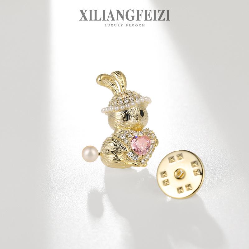 Bo Xin Yun Cute Bunny Zircon Pearl Brooch – Cartoon Rabbit Anti-Exposure Collar Pin