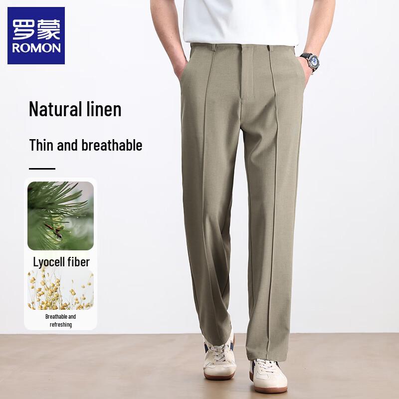 Luomeng Men s LMFSB2090 Summer Linen Blend Straight-Leg Business Casual Pants 33