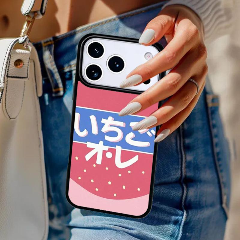 

Kawaii Japanese Strawberry Milk Drink Bottle Phone Case For iPhone 17 Air 14 15 13 12 Max Cover For Apple 16 16e 11 Pro Max Plus iPhone 16e