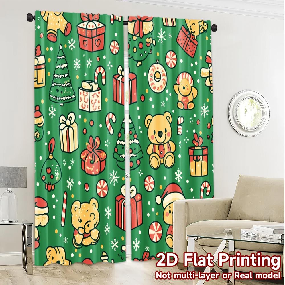 2pcs,Curtains Christmas Teddy Bear Gifts Trees (3) Popular Creative Curtains Durable 100% Polyester Fabric Curtains Outdoor