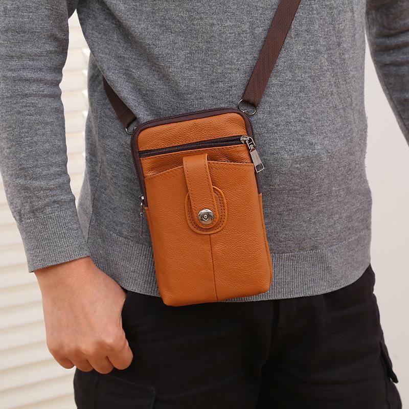 Genuine Leather Crossbody Phone Bag for Men & Women, Compact Shoulder Pouch with Zipper, Card Slots & Snap Pocket, Everyday Travel Wallet