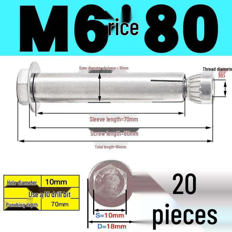 Stainless Steel Expansion Screw: Hexagonal Head with Internal Expansion (304/201), Sizes M6, M8, M10, M12.