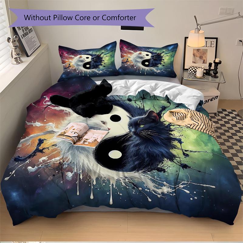 3pcs Yin Yang Cat Design Printed Quilt Set - Includes 1 Quilt Cover and 2 Pillowcases, Machine Washable - Suitable for All Seasons.M105