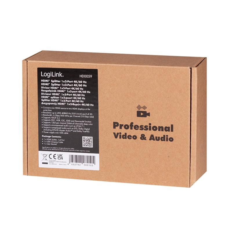 LogiLink 1x2 4K UHD HDMI Splitter, Supports HDCp, HDR, CEC, 60 Hz