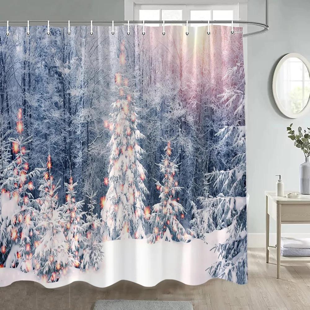 Zima Vánoce Sprchový závěs Legrační sněhulák Xmas Trees Krbové auto Lesní Snowy Scéna Nový rok Holiday Home Dekorace koupelny