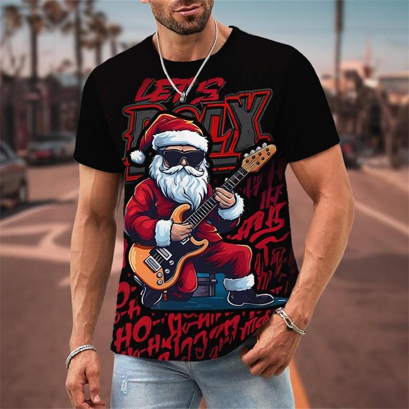 Funny Christmas Pattern T-Shirt For Men Santa Claus Music 3D Print Tees Summer Casual Short Sleeve Loose T Shirts Round Neck Top
