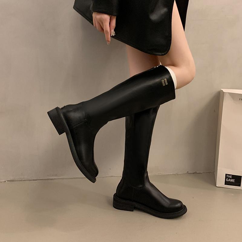New Style Women's Petite High-top Versatile Riding Boots Autumn/winter Thick Base Long Tube Slimming Boots Rubber Upper Material
