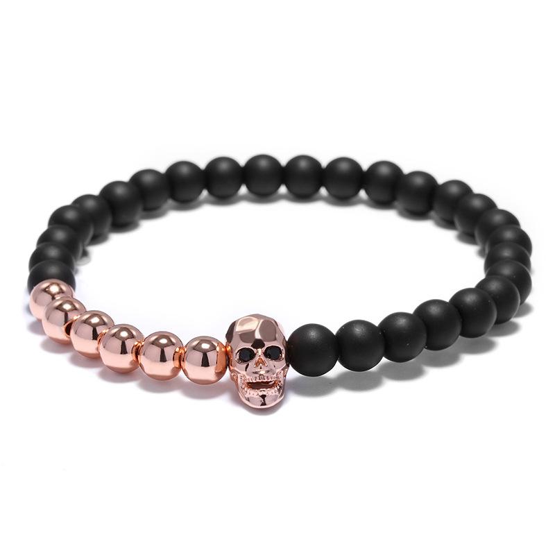 New Fashion Mens Bracelet Natural Stone Gothic Skull Braslet 6mm Onyx Strand Braclet Gifts For Him Zirconia Brazalete Pulseria