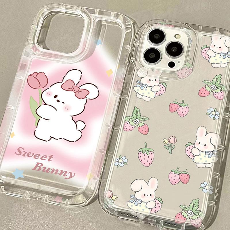 Cute Rabbit Colorful Flower Case for iPhone 17 16 15 14 13 12 11 Pro Max XR XS X 8 7  Shockproof Transparent Cover