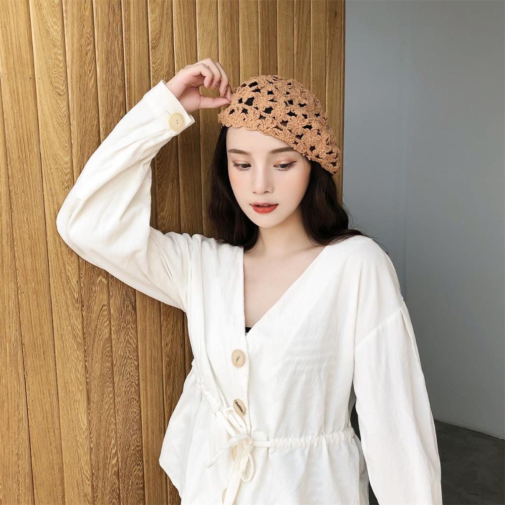 Breathable Hollowed Out Beret Hat Linen Spring Crochet Knitted Cap Lace Hollow Flower Hat  Women