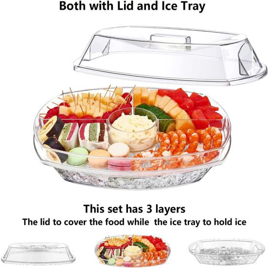 Salad Tray, with Transparent Dust Cover And Ice Trough, Detachable Serveware for Cooling Fruits Seafood Snacks Party