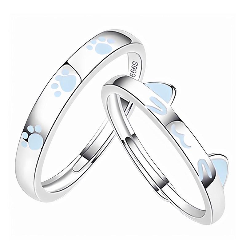 Luminous Cat & Dog Couple Rings: Cartoon Design, Adjustable, Perfect Valentine's Gift
