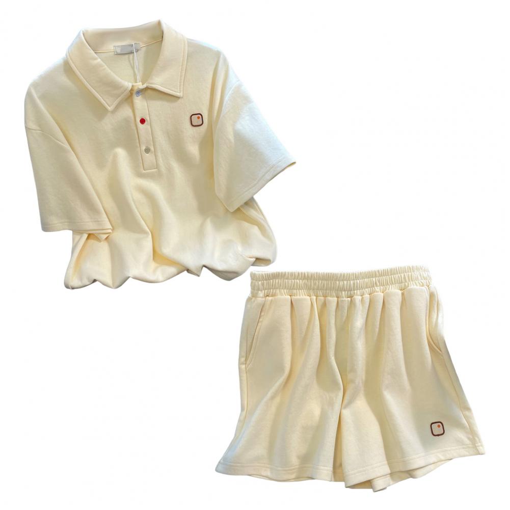 

2 шт./комплект женский летний топ шорты комплект пуговицы отложной воротник короткие рукава стиль преппи футболка эластичный пояс свободный боковой карман M абрикосовый