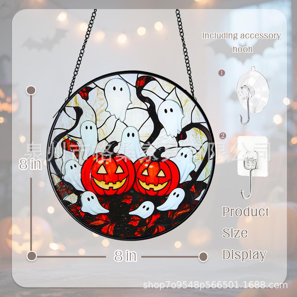 15 Inch Halloween Pumpkin Stained Glass Round Painted Glass Hanging Ornament for Window Holiday Decor