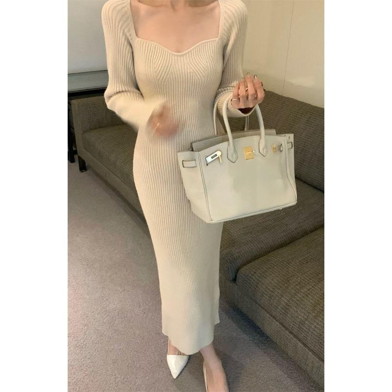 Autumn New Women's High-end Temperament Socialite Long-sleeved Red Sweater Knitted Bottoming Dress Autumn and Winter