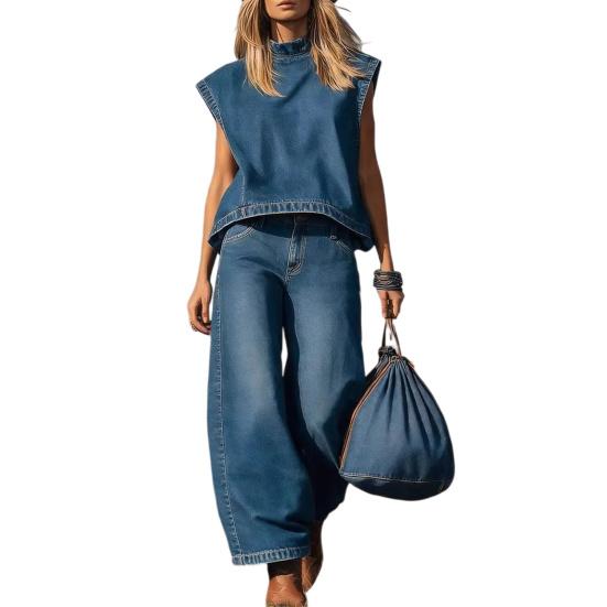 Summer 2 Piece Denim Set for Women Cap Sleeve Mock Neck Top And Wide Leg Pants Set Casual Loose Loungewear Outfit