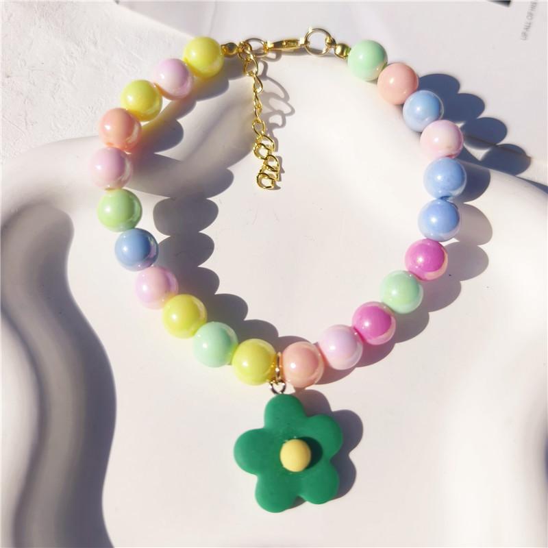 Color beaded pet necklace flower pendant cat dog jewelry decorative collar bell ins same cat