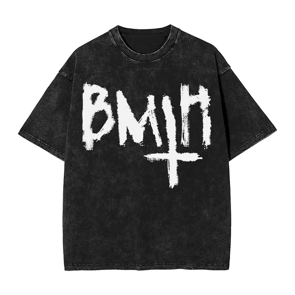 ROCK Band Bring Me The Horizon Tees for Fans BMTH Washed Vintage Tops Novelty Graphic Print Tee Shirt Vintage Loose Cotton Tops