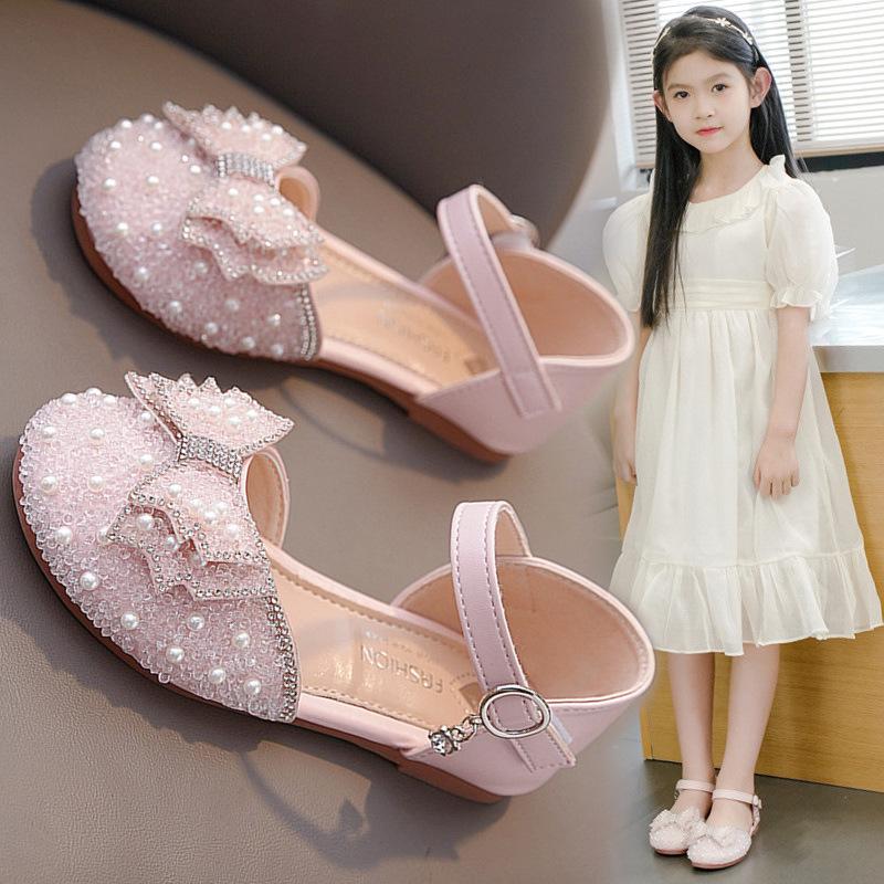 

Туфли принцессы для девочек для свадьбы, танцевальные туфли, шикарные милые банты, лето 2025, новые детские полусандалии, кристальные, нескользящая мягкая подошва, INS 23 розовый