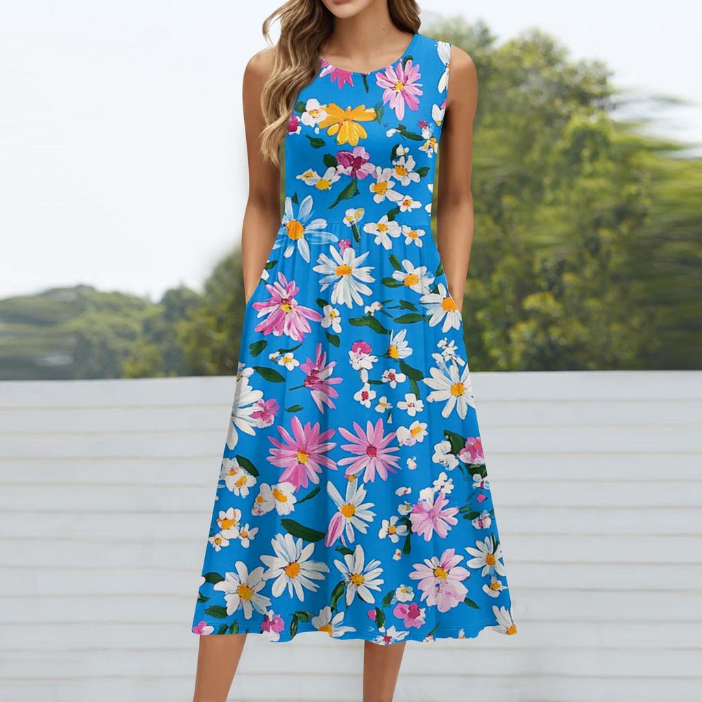 Robe mi-longue décontractée à imprimé à la mode pour femmes, col rond, sans manches, avec poche