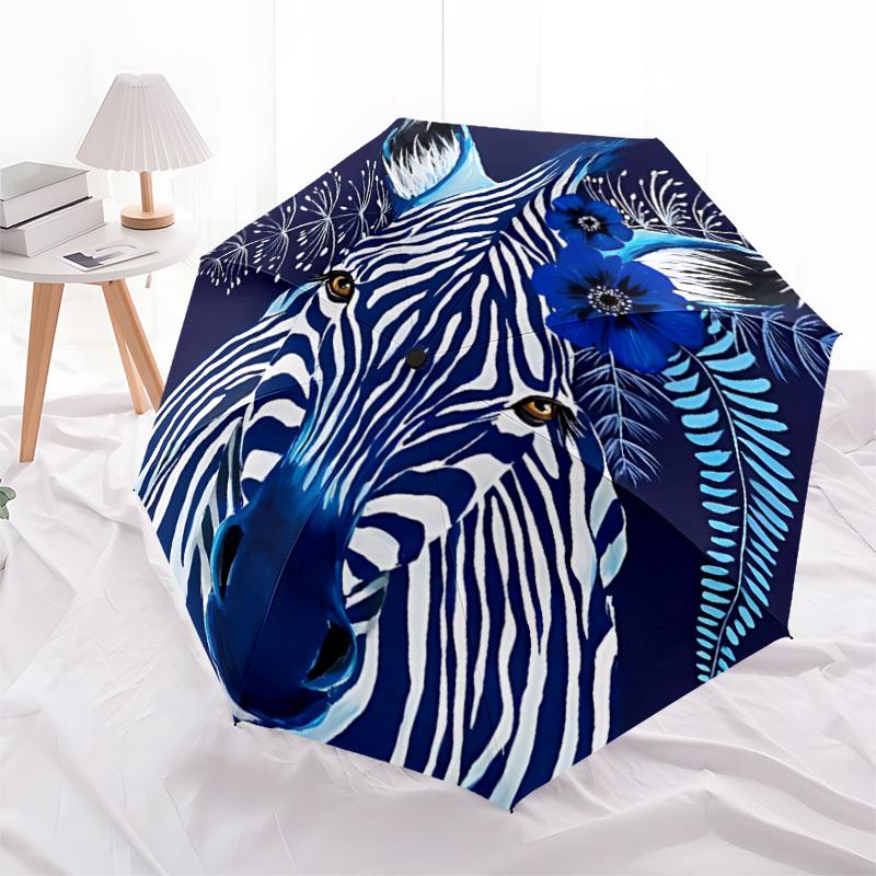 1pc Blue Zebra Floral Automatic Open/Close Umbrella 8-Rib Strong Frame, Portable Travel Umbrella for Women & Men, Birthday Gift Parties 014
