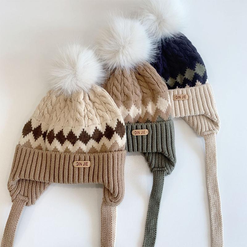 Winter Baby Ear Protection Hat Cute Pompom Infant Earflap Cap Kids Thicken Crochet Knitted Beanie Hats