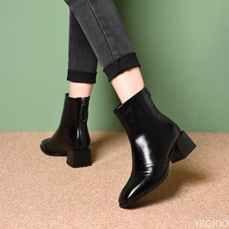 Autumn Winter Fashion Back Zipper Thick Heel Middle Heel Short Boots for Women Retro Square Head Versatile Women's Boots