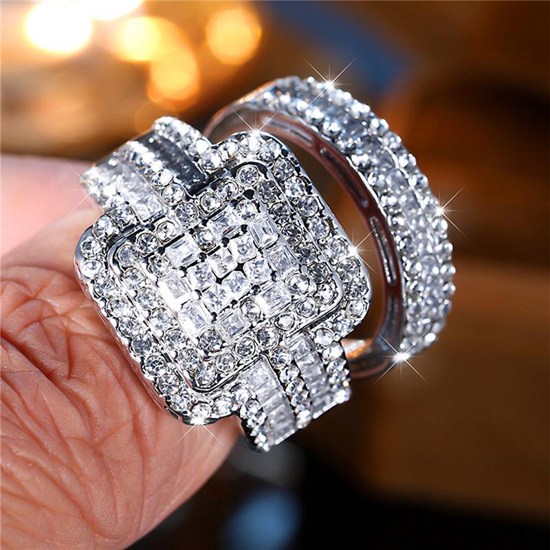 Luxury Female White Zircon Stone Ring Set Trendy Silver Color Engagement Cute Bride Wedding  Gift For Women