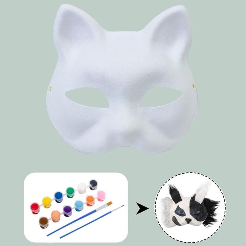 Unpainted Foxes Mask Masquerade Mask Anime Cosplay Mask Hand-Painted Cats Mask with Furs Half Face Mask for Halloween