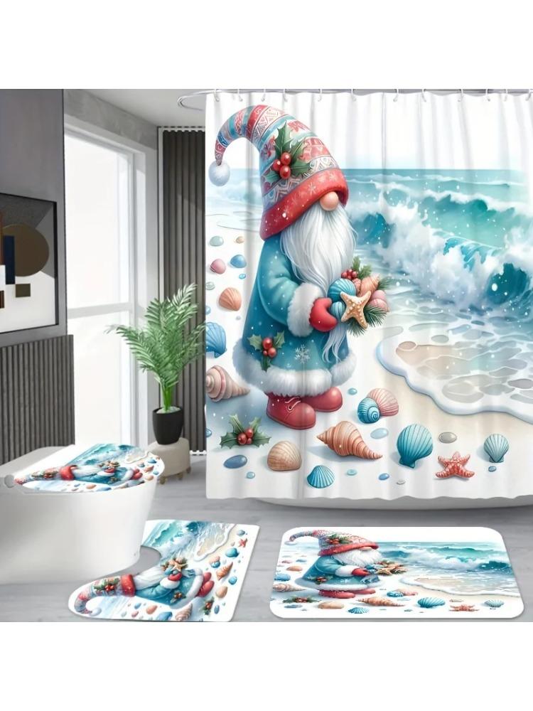 

Coastal Christmas Gnome Bathroom Set With Seashell Design, Includes Machine Washable Fade-Resistant Bath Accessories With Hooks, W60H190(CM)-1 Pcs