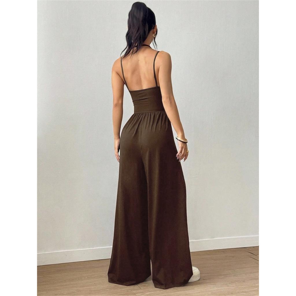 Women's Halterneck Suspender Pleated Waist Backless Jumpsuit