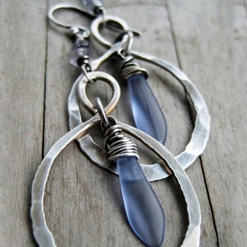 1 Pair Vintage Hammered Coiled Moonstone Dangle Earrings, Alloy Eardrop
