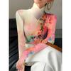 Women's Cheongsam Collar Long-sleeved T-shirt with Watercolor Ink Painting Floral Pattern Printing, Suitable for All Seasons