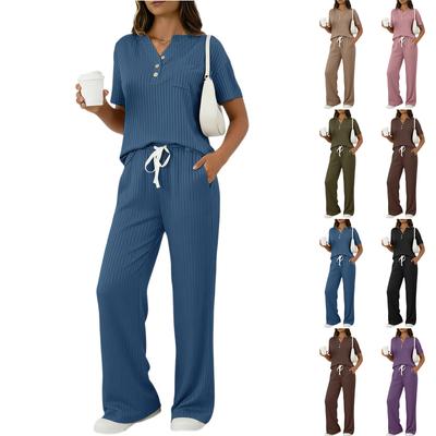 Women’s Two Piece Loungewear Set Short Sleeve Ribbed Top and Drawstring Wide Leg Pants Pajama Set for Daily Wear