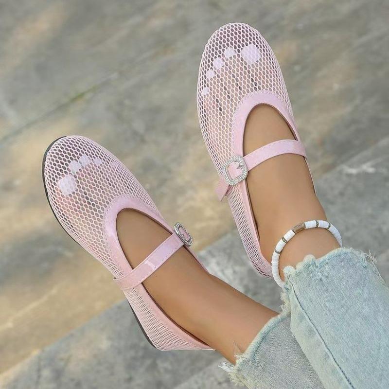 Mesh Cutout Breathable Flat Shoes Women's Round Toe Shallow Mouth Slip Strap Soft Slip Single Shoes
