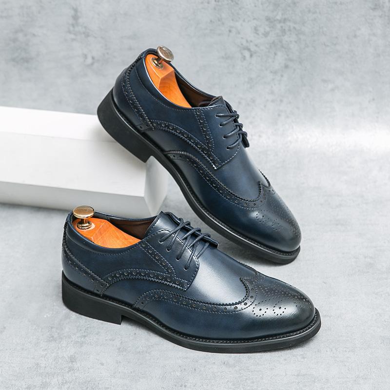 

High End Brand Men s Leather Casual Shoes Trend Blue Brogue Shoes Classic New Office Men s Business Dress Shoes Thick Sole 38 синий