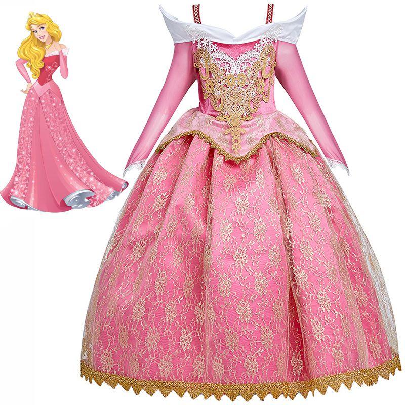 Encantador Disfraz de Princesa Aurora La Bella Durmiente para Niñas con Mangas Largas y Detalles de Encaje
