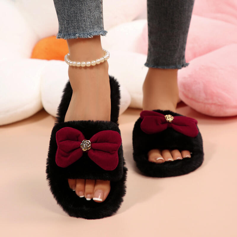 Fashion Sweet Bowknot Furry Indoor Pink Slippers Women 2025 Winter Soft Thick Bottom Non Slip Home Slides Warm Short Plush House Shoes
