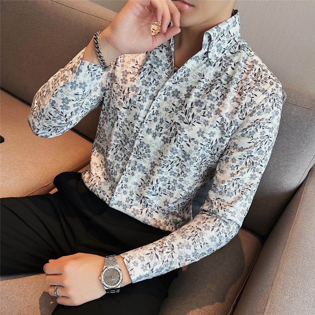 Sprig Autumn Men's Casual Shirts Fashion Print Long Sleeve Floral Shirts For Men Clothing Slim Fit Shirt Men