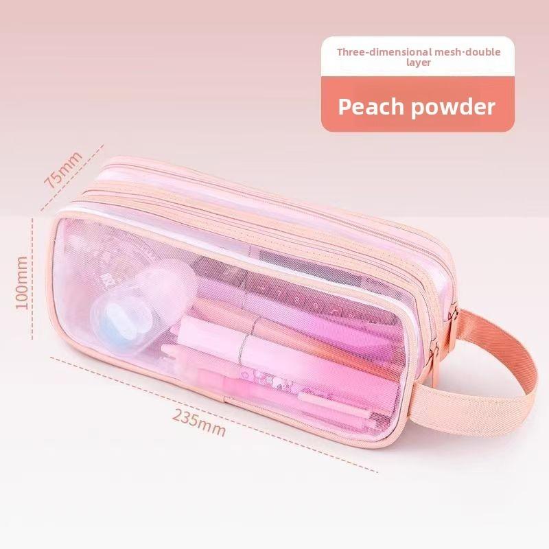 Student Double Layer Mesh Transparent Pencil Case With Large Capacity For School Use