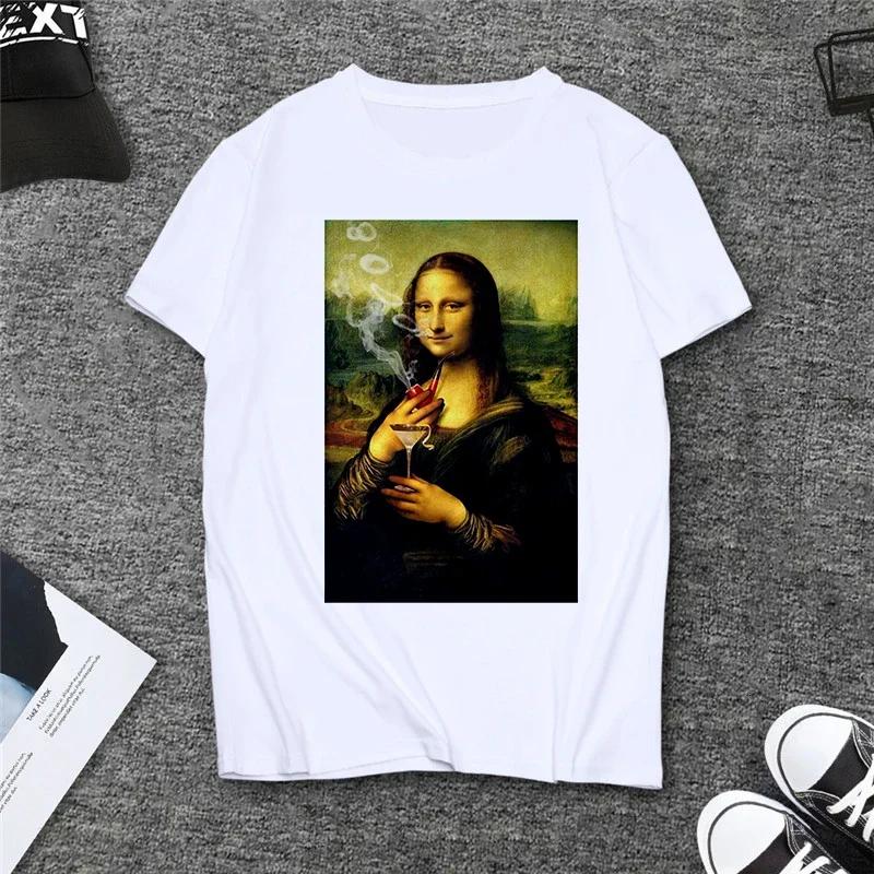 Summer Spoof Mona Lisa Drink Beer Print T Shirts Women Aesthetics Funny Casual Short Sleeves Tops Female Sleeved Harajuku