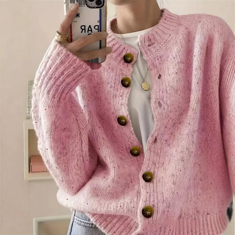 Womens Knit Cardigan Sweater Short Loose Fit Round Neck Single Button Front Fall Winter Casual Wear