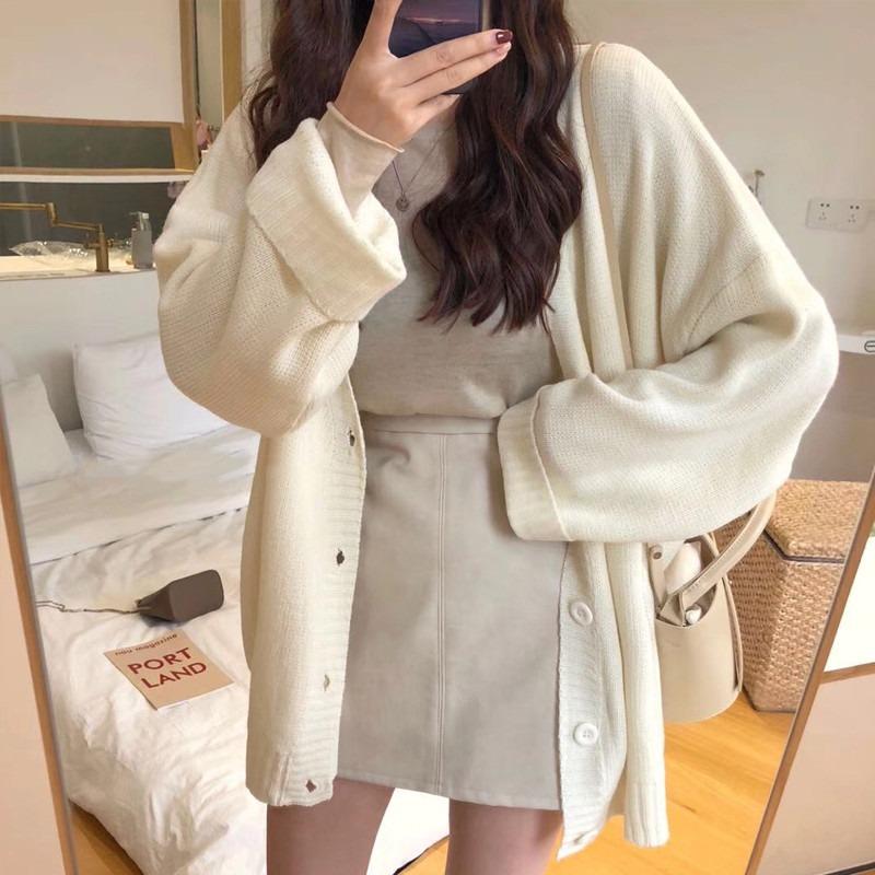

Autumn Winter Korean Fashion V-neck Cardigan Sweater Knitted Loose Casual Coats Office Long Sleeve Elegant Solid Color Jackets Simple Clothing One size