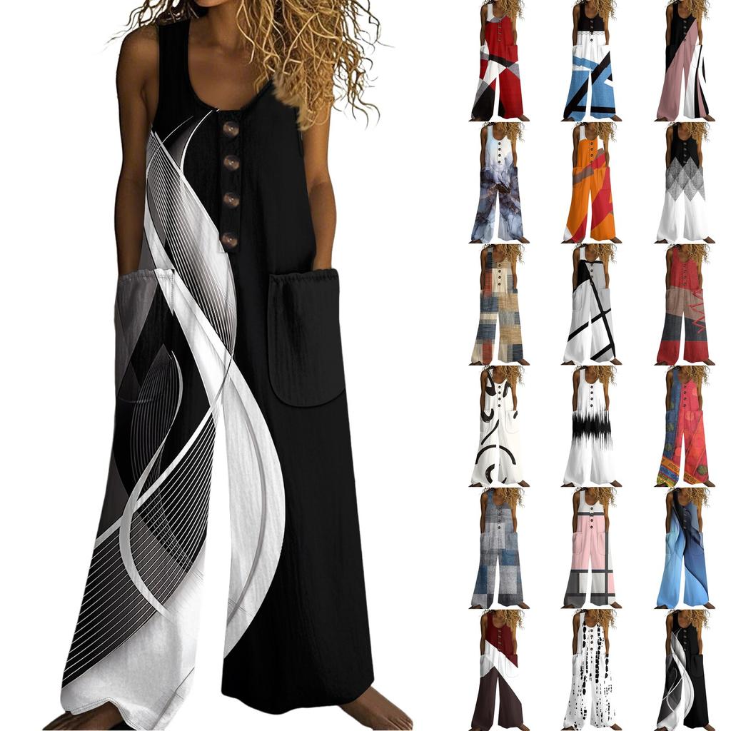 Women's Fashion Casual Button-down Sleeved Jumpsuit Retro Color Block Stitching Printed Cotton Pocket Jumpsuit