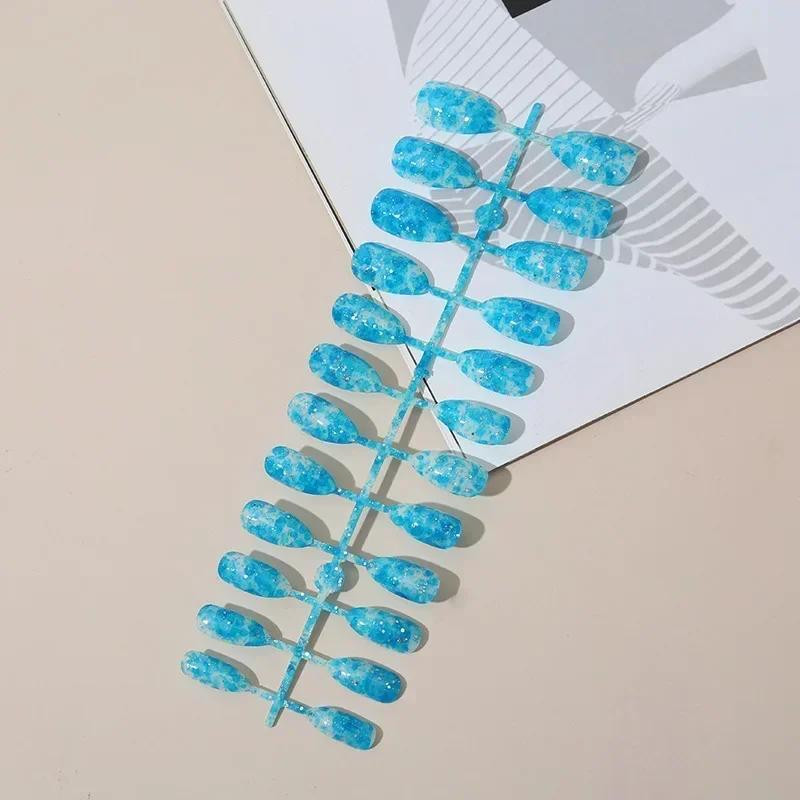24 Stück/Streifen Kurze Ballett-Nagelstücke Marmormuster Bunt Glänzende Oberfläche Professionelles Nagelzubehör Angenehm zu tragen