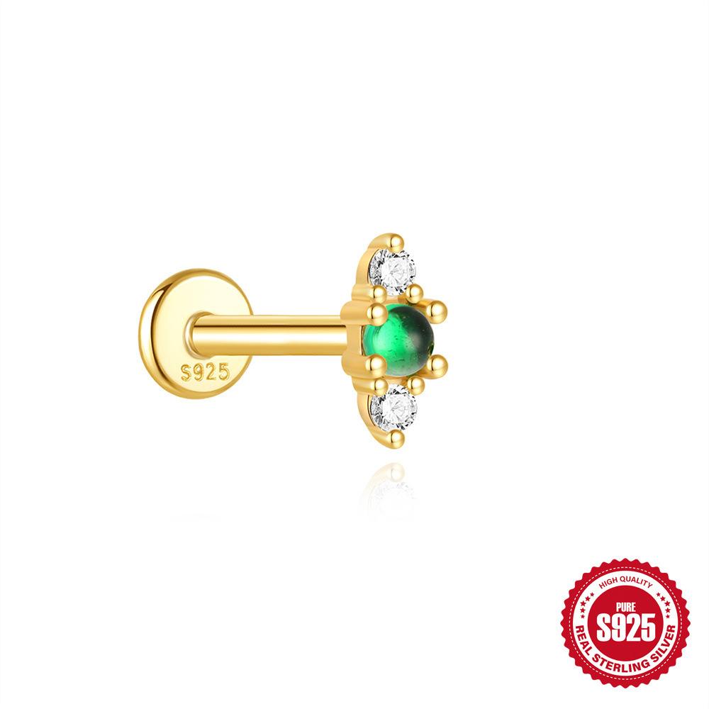 S925 Sterling Silver Green Fresh Retro Red Color Flat Head Stud Earrings Round Personality Versatile Earbone Stud Puncture