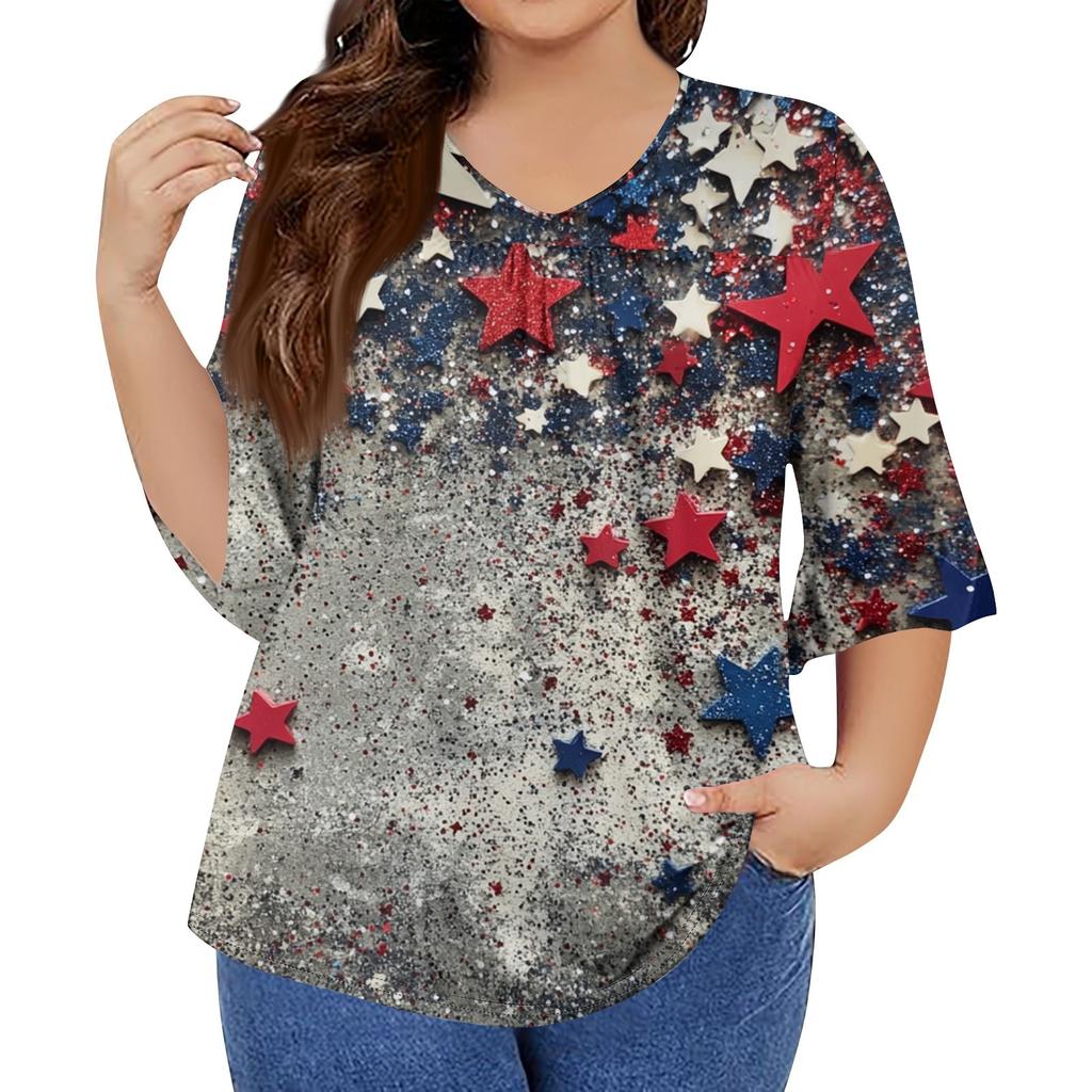 Women's Fashion Casual V-Neck Seven Sleeve Ruffle Sleeve Independence Day Printed T-Shirt Tops Plus Size Women's